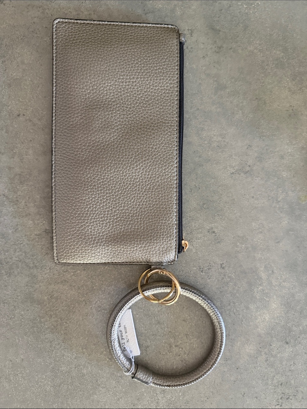 Gray Leather Wristlet Clutch with Gold Ring Accent
